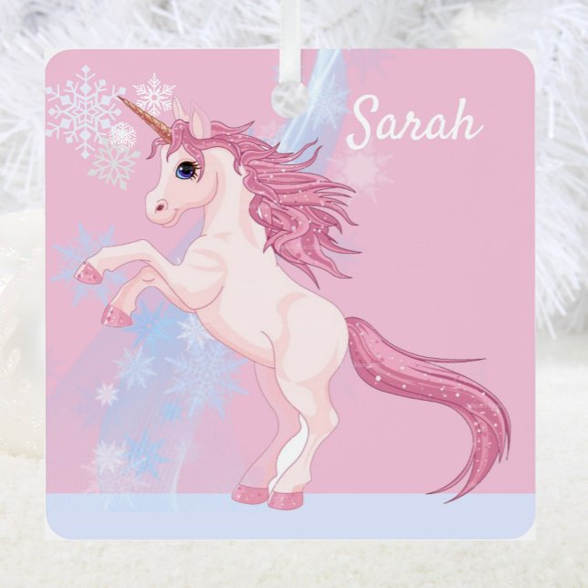 Unicorn and Snow Add Name Pink Metal Ornament (Creator Uploaded)