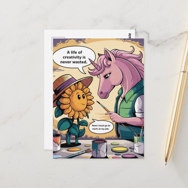 Unicorn and Sunflower A Life of Creativity Cartoon Postcard (Front/Back In Situ)