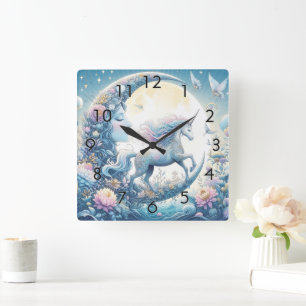 Unicorn And The Moon Square Wall Clock