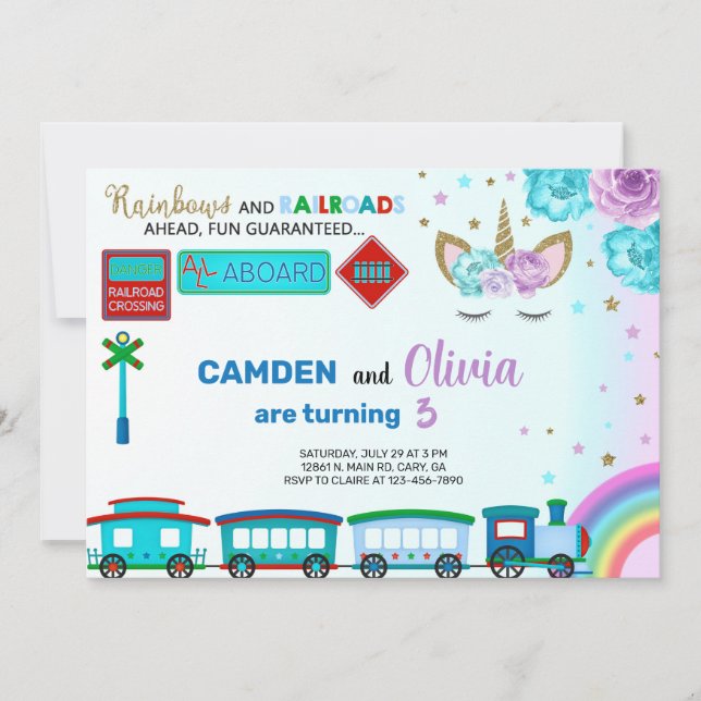 Unicorn and trains siblings birthday invitation. invitation (Front)