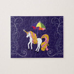 Unicorn and Umbrella Whimsical Cartoon Art Jigsaw Puzzle