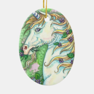 UNICORN AND VIOLETS FANTASY KEEPSAKE ORNAMENT Oval