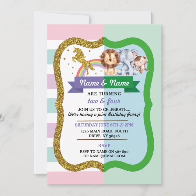Unicorn & Animals Joint 2 Children Birthday Invitation (Front)