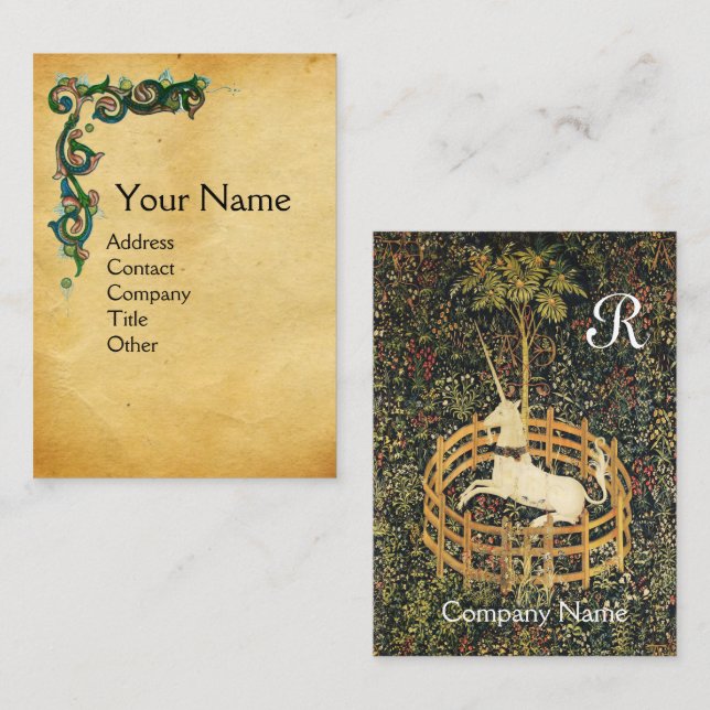 UNICORN /Antique Floral Brown Parchment Monogram Business Card (Front/Back)
