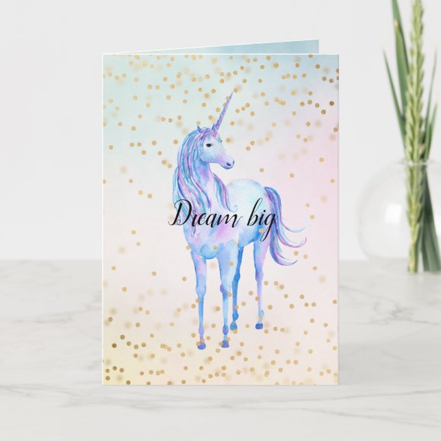 Unicorn Aqua Pink Yellow Tie Dye Gold Confetti Card (Front)