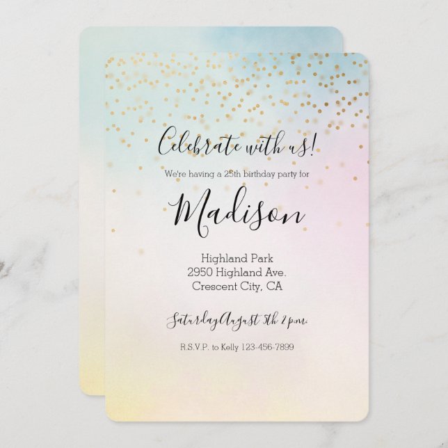 Unicorn Aqua Pink Yellow Tie Dye Gold Confetti Invitation (Front/Back)