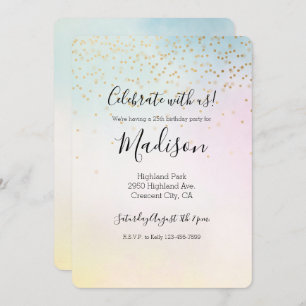 Unicorn Aqua Pink Yellow Tie Dye Gold Confetti Invitation