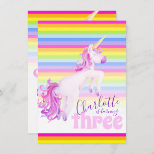 Unicorn art rainbow 3rd birthday invitations