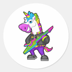 Unicorn as Musician with Guitar Classic Round Sticker