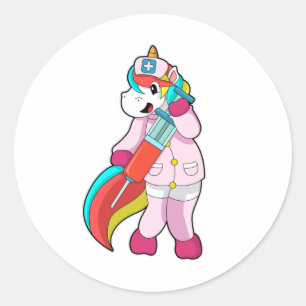 Unicorn as Nurse at Vaccination & Syringe Classic Round Sticker