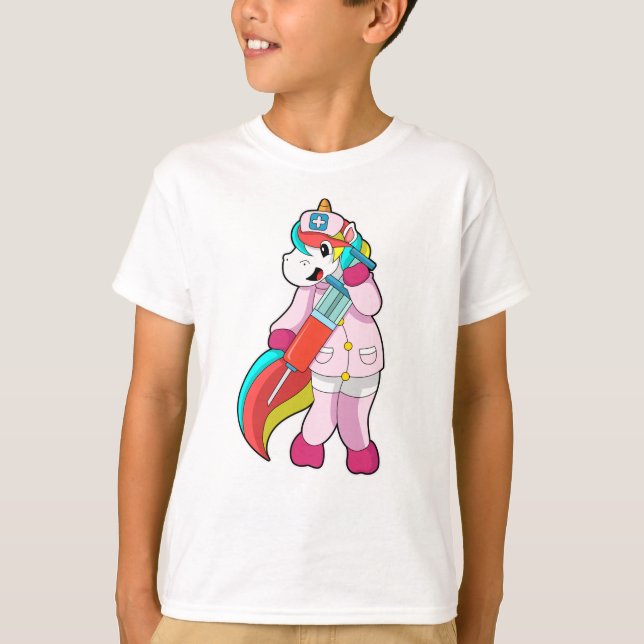 Unicorn as Nurse at Vaccination & Syringe T-Shirt (Front)