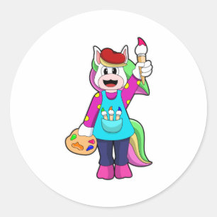 Unicorn as Painter Classic Round Sticker