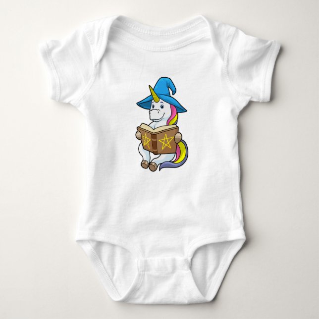 Unicorn as Wizard with Book & Hat Baby Bodysuit (Front)