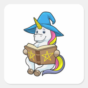 Unicorn as Wizard with Book & Hat Square Sticker