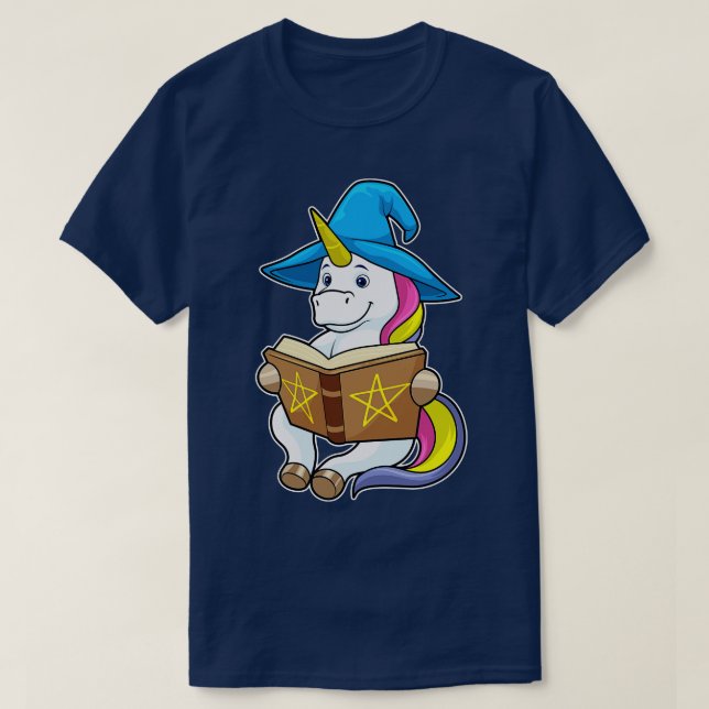 Unicorn as Wizard with Book Hat T-Shirt (Design Front)