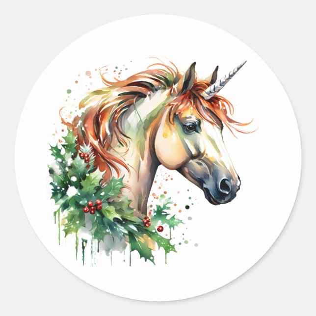 Unicorn at Christmas Classic Round Sticker (Front)