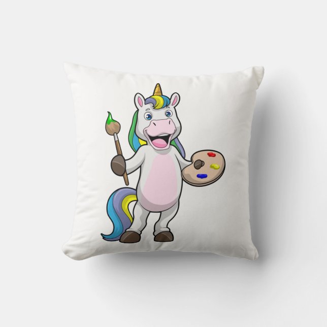 Unicorn at Painting with Brush & Colour Cushion (Front)