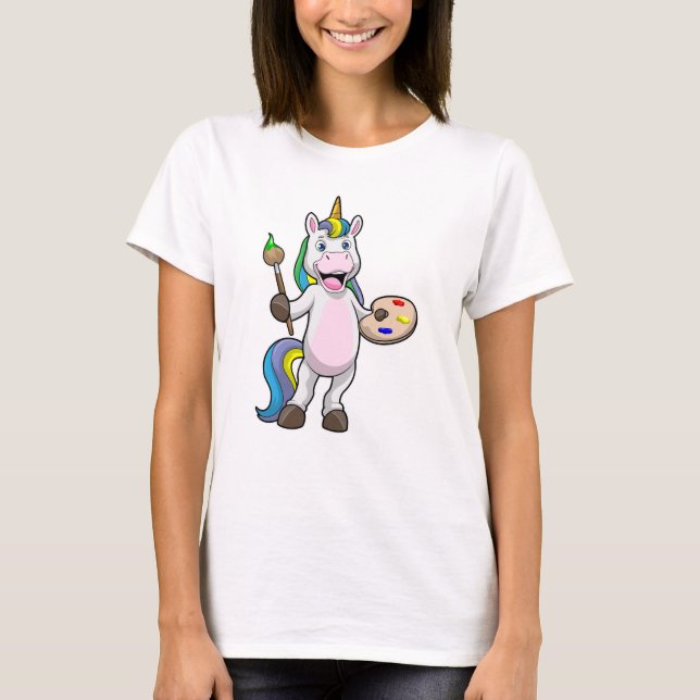 Unicorn at Painting with Brush & Colour T-Shirt (Front)