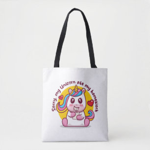 Unicorn ate my homework (on light colours) tote bag