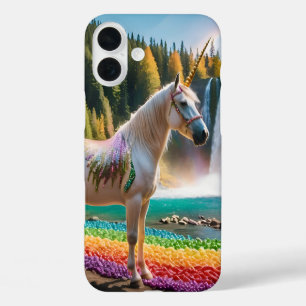 Unicorn Autumn Mountain Lake Rainbow Flowers iPhone 16 Plus Case