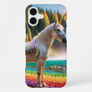 Unicorn Autumn Mountain Lake Rainbow Flowers iPhone 16 Plus Case