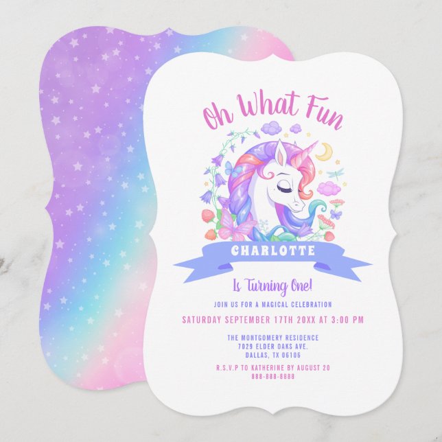 Unicorn Baby 1st Birthday Magical Rainbow Party Invitation (Front/Back)
