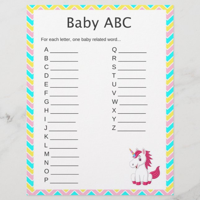 Unicorn Baby ABC Baby Shower Game (Front)