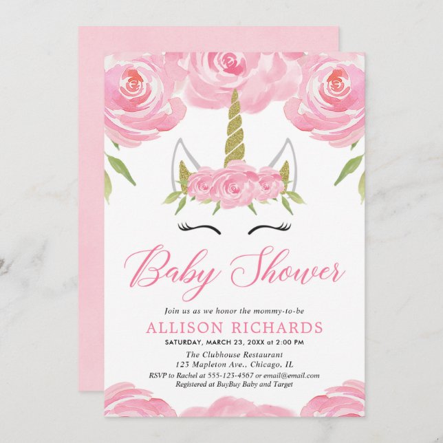 Unicorn baby girl shower invitation (Front/Back)
