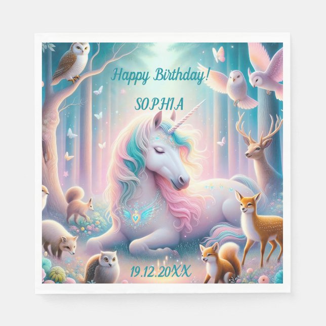  Unicorn, Baby/ Kids, Birthday  Custom Name/ DOB Napkin (Front)