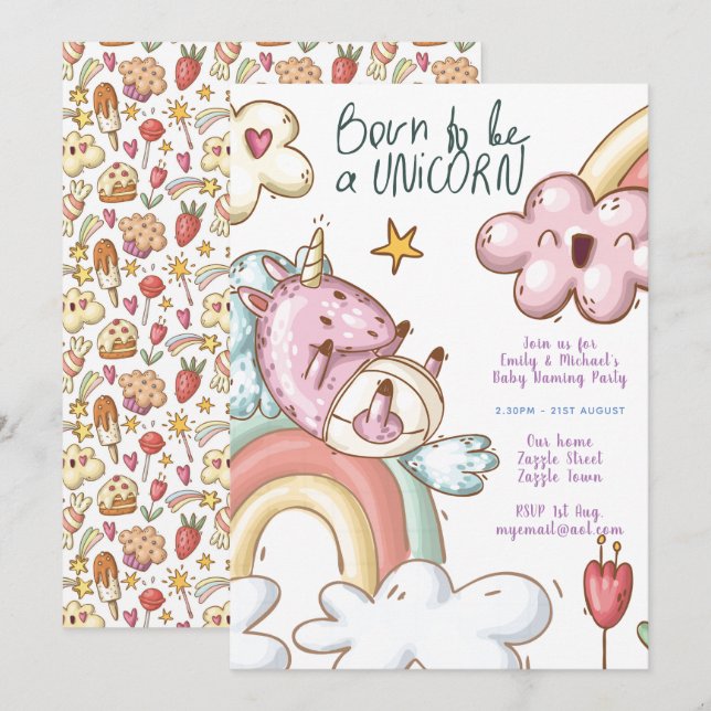 Unicorn Baby Naming Party - Boy Girl Gender Reveal Invitation (Front/Back)