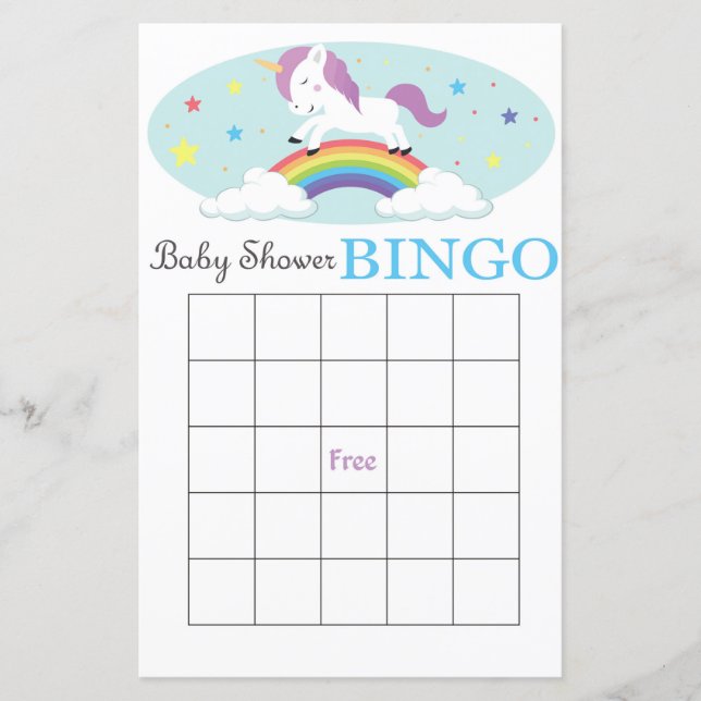 Unicorn baby shower bingo card (Front)