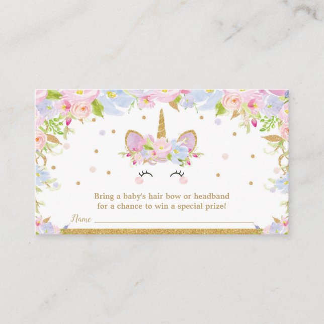 Unicorn Baby Shower Bow Raffle Headband Baby Girl Enclosure Card (Front)