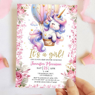 Unicorn Baby Shower Girl Pink Floral Balloon Invitation
