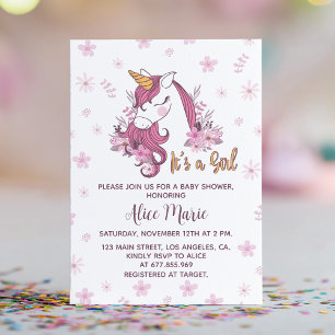 Unicorn Baby Shower Girl Pink Floral Invitation
