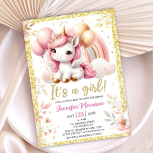 Unicorn Baby Shower Girl Pink Gold Balloon Invitation