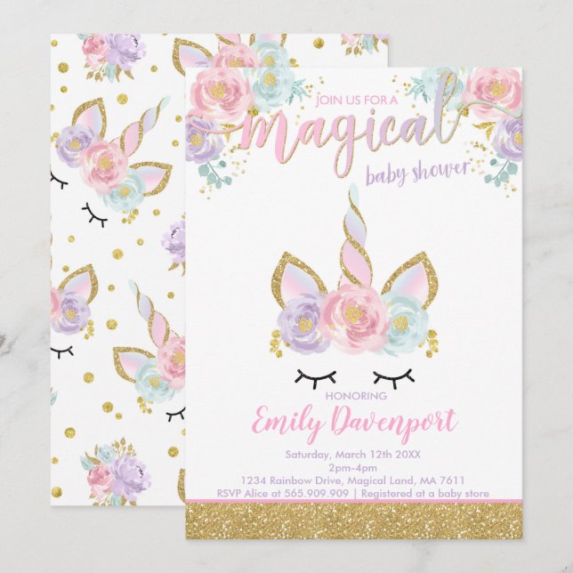 Unicorn Baby Shower Invitation Magical Baby Shower (Front/Back)