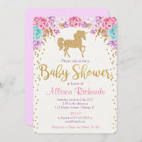 Unicorn baby shower invitation pink and gold