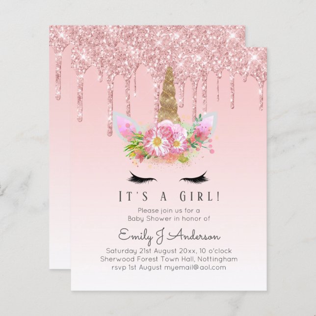 Unicorn Baby Shower Invitation Pink Girls Cute (Front/Back)