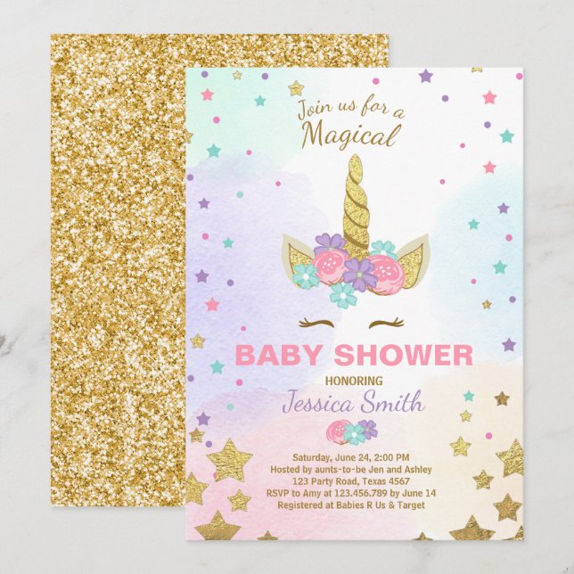 Unicorn Baby Shower Invitation Pink Gold Magical (Front/Back)