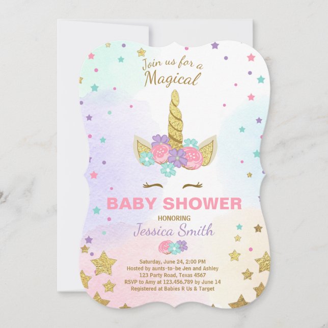 Unicorn Baby Shower Invitation Pink Gold Magical (Front)