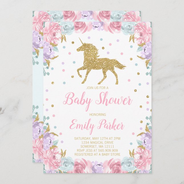 Unicorn Baby Shower Invitation Pink Gold Unicorn (Front/Back)