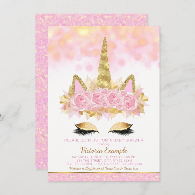 Unicorn Baby Shower Invitations Pink Gold Unicorn (Front/Back)