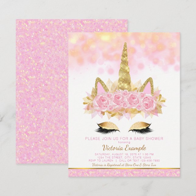 Unicorn Baby Shower Invitations Pink Gold Unicorn (Front/Back)