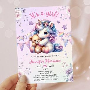 Unicorn Baby Shower It's a Girl Floral Watercolor Invitation