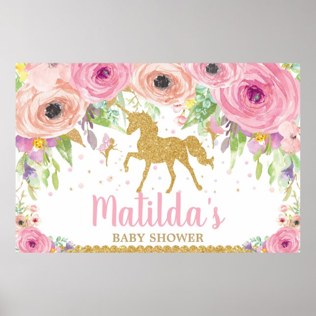 Unicorn Baby Shower Party Backdrop Banner Girl Poster (Front)