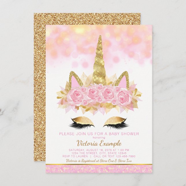 Unicorn Baby Shower Pink Gold Unicorn Face Invitation (Front/Back)