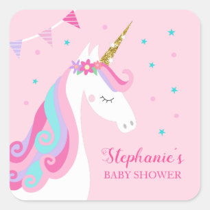Unicorn Baby Shower Pink Square Sticker