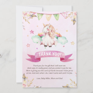 Unicorn baby shower thank you card