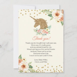 Unicorn Baby Shower Thank You Card Peach Gold