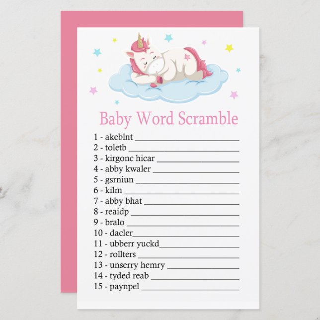 Unicorn Baby word scramble game (Front/Back)